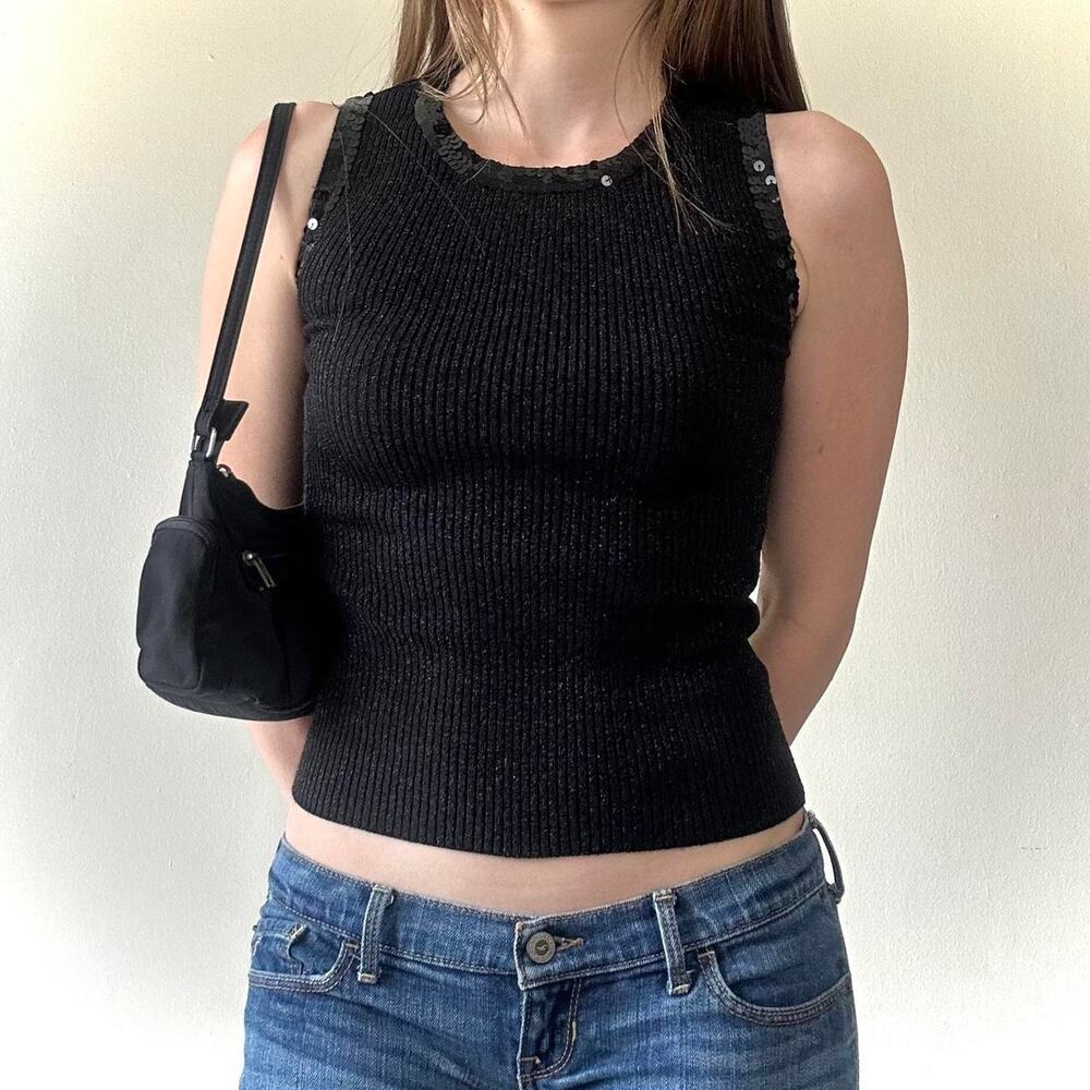 Y2K Sequin Beaded Top Sparkly Fitted Black Star City 2000s - Med, Runs Small